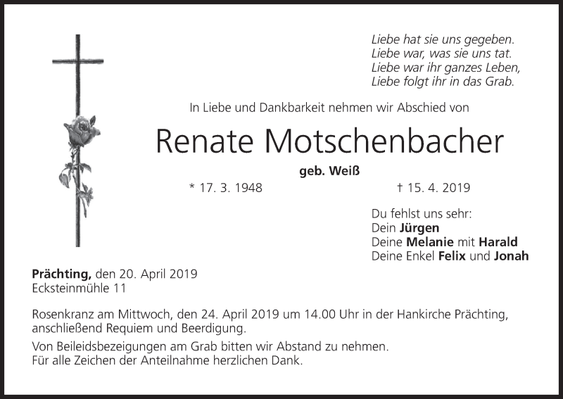  Traueranzeige für Renate Motschenbacher vom 20.04.2019 aus MGO