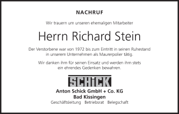Anzeige von Richard Stein von MGO