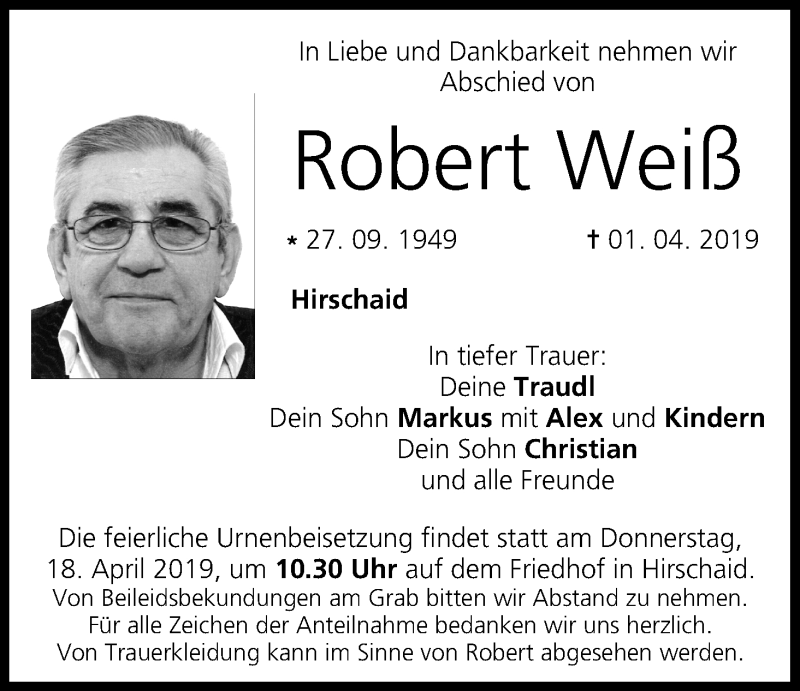  Traueranzeige für Robert Weiß vom 13.04.2019 aus MGO