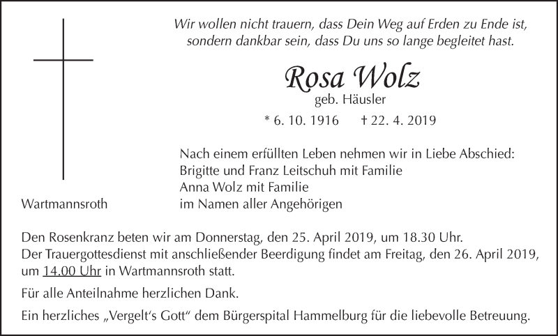  Traueranzeige für Rosa Wolz vom 23.04.2019 aus MGO