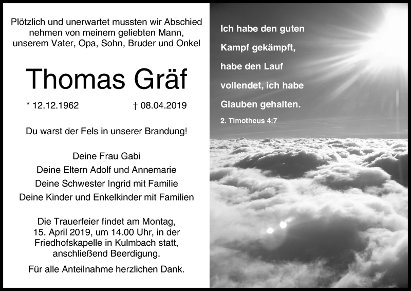  Traueranzeige für Thomas Gräf vom 13.04.2019 aus MGO