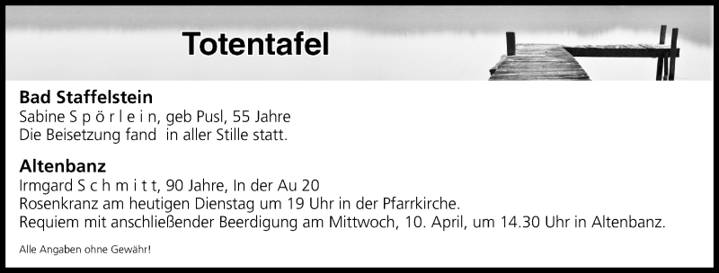  Traueranzeige für Totentafel vom 09.04.2019 vom 09.04.2019 aus MGO