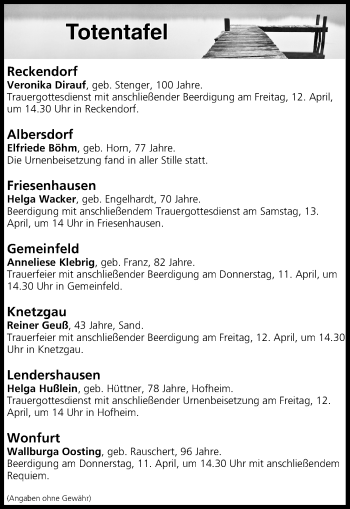 Anzeige von Totentafel vom 11.04.2019 von MGO