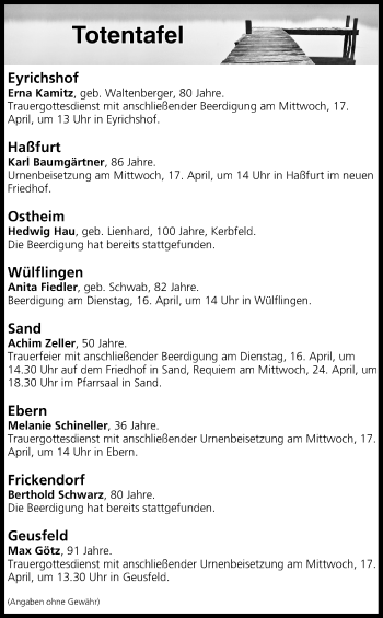 Anzeige von Totentafel vom 16.04.2019 von MGO
