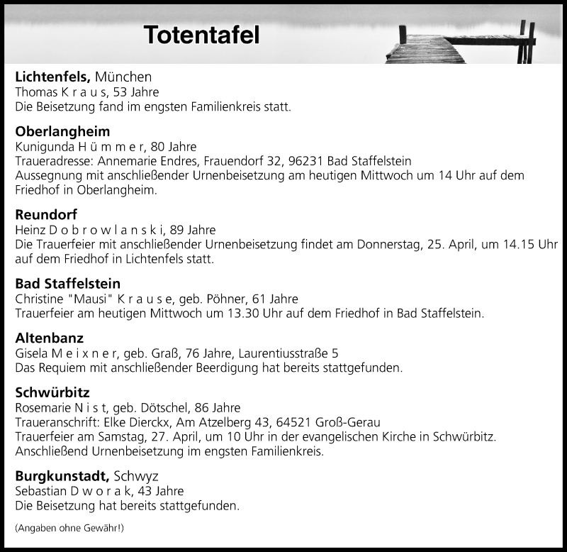  Traueranzeige für Totentafel vom 24.04.2019 vom 24.04.2019 aus MGO