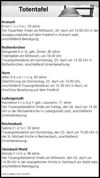 Anzeige von Totentafel vom 24.04.2019 von MGO