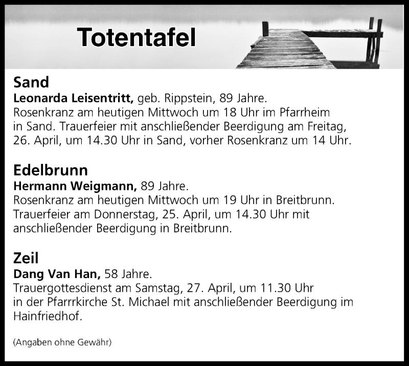  Traueranzeige für Totentafel vom 24.04.2019 vom 24.04.2019 aus MGO