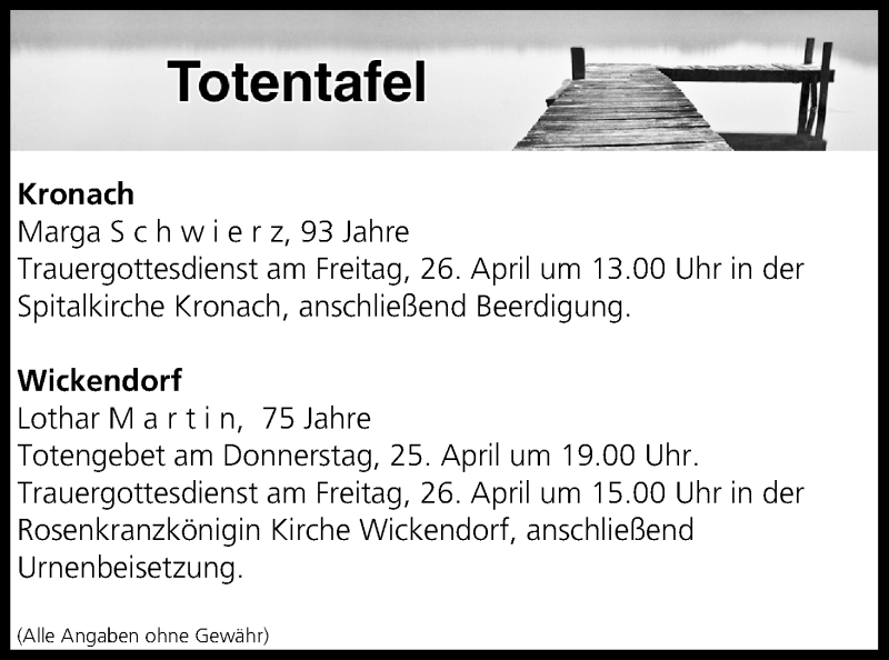  Traueranzeige für Totentafel vom 25.04.2019 vom 25.04.2019 aus MGO
