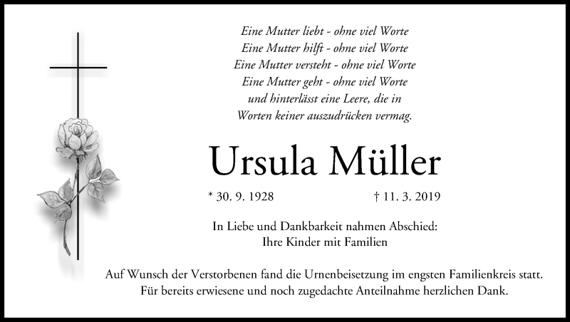  Traueranzeige für Ursula Müller vom 17.04.2019 aus MGO