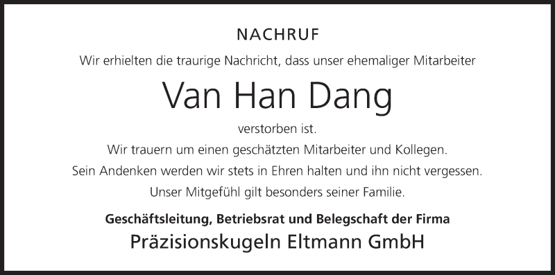  Traueranzeige für Van Han Dang vom 18.04.2019 aus MGO