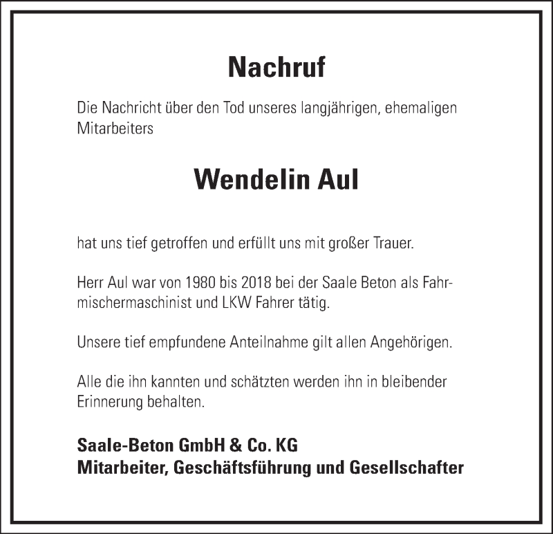  Traueranzeige für Wendelin Aul vom 06.04.2019 aus MGO
