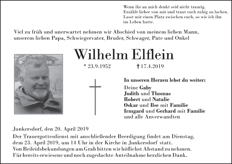  Traueranzeige für Wilhelm Elflein vom 20.04.2019 aus MGO