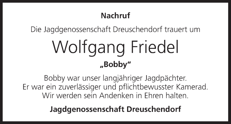  Traueranzeige für Wolfgang Friedel vom 09.04.2019 aus MGO