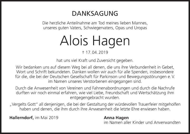  Traueranzeige für Alois Hagen vom 11.05.2019 aus MGO