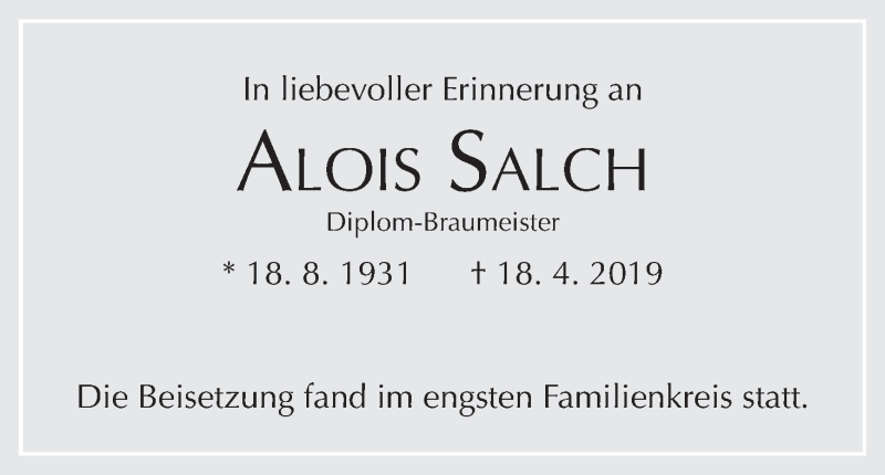  Traueranzeige für Alois Salch vom 04.05.2019 aus MGO