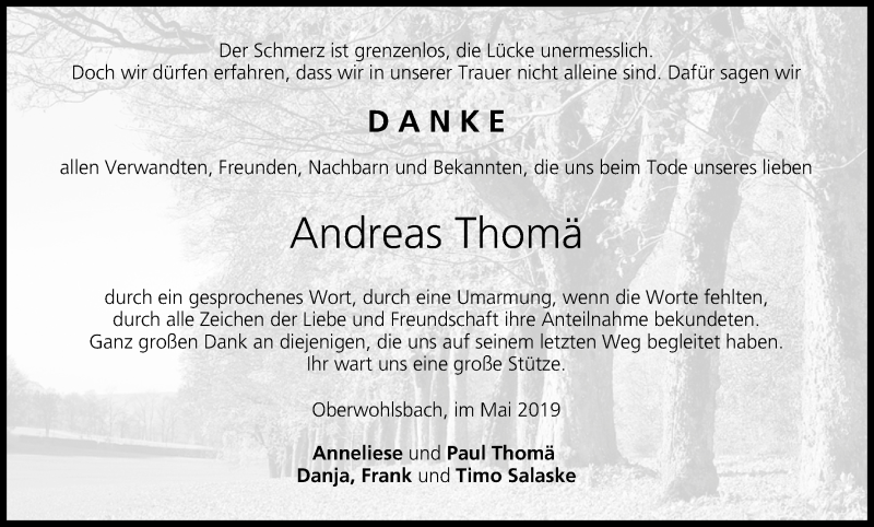  Traueranzeige für Andreas Thomä vom 22.05.2019 aus MGO