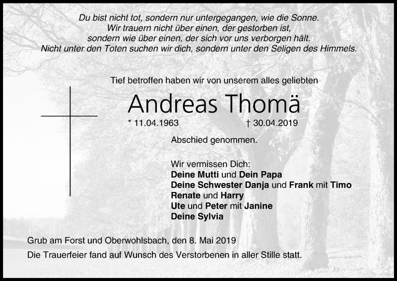  Traueranzeige für Andreas Thomä vom 08.05.2019 aus MGO