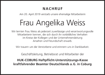 Anzeige von Angelika Weiss von MGO