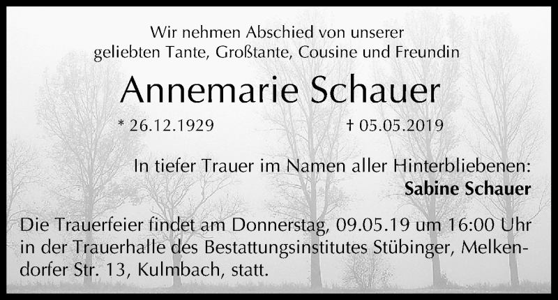  Traueranzeige für Annemarie Schauer vom 08.05.2019 aus MGO