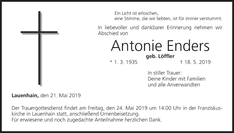  Traueranzeige für Antonie Enders vom 21.05.2019 aus MGO