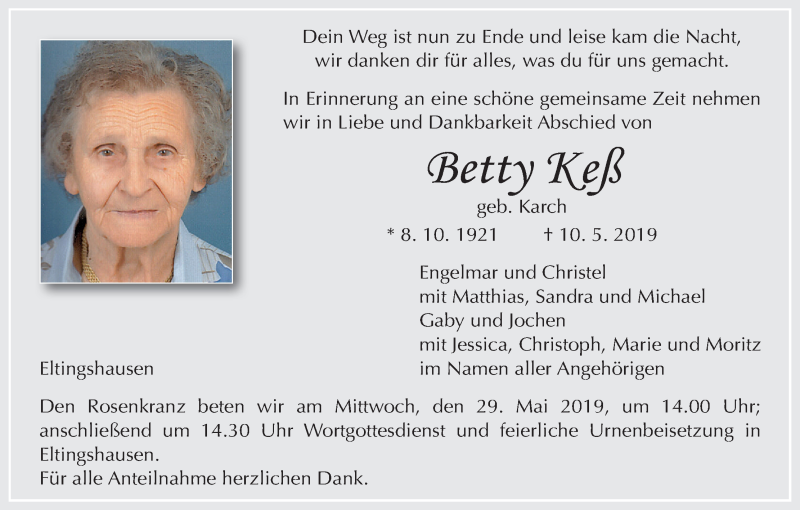  Traueranzeige für Betty Keß vom 25.05.2019 aus MGO