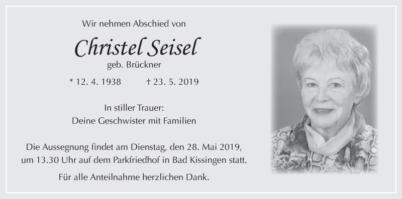  Traueranzeige für Christel Seisel vom 27.05.2019 aus MGO