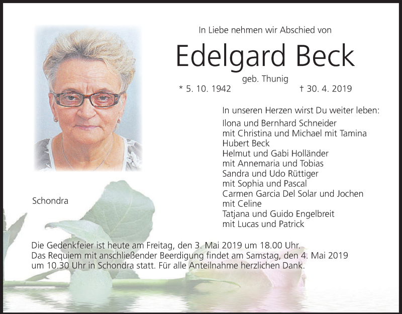  Traueranzeige für Edelgard Beck vom 03.05.2019 aus MGO