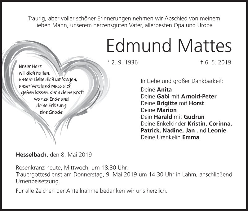  Traueranzeige für Edmund Mattes vom 08.05.2019 aus MGO