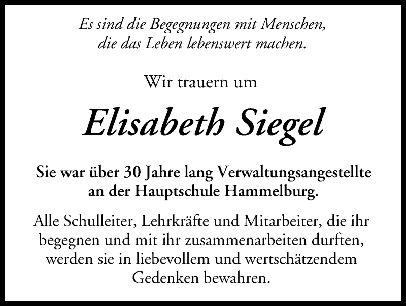  Traueranzeige für Elisabeth Siegel vom 23.05.2019 aus MGO