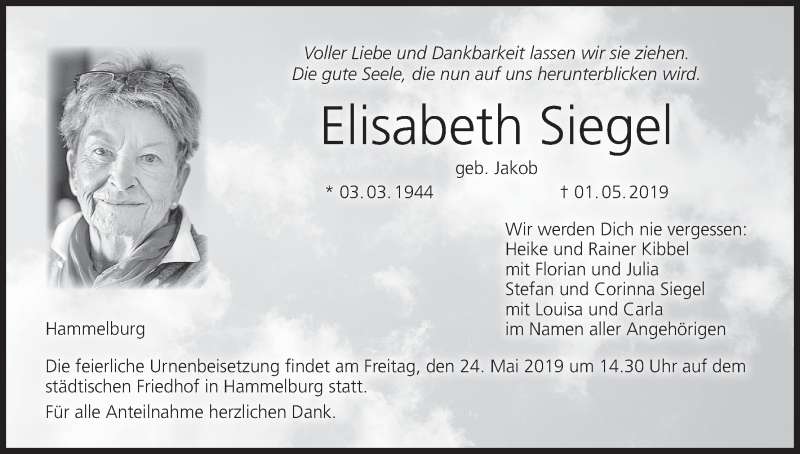  Traueranzeige für Elisabeth Siegel vom 17.05.2019 aus MGO