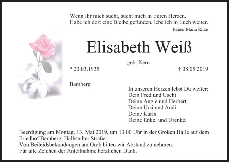  Traueranzeige für Elisabeth Weiß vom 11.05.2019 aus MGO