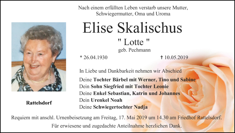  Traueranzeige für Elise Skalischus vom 14.05.2019 aus MGO