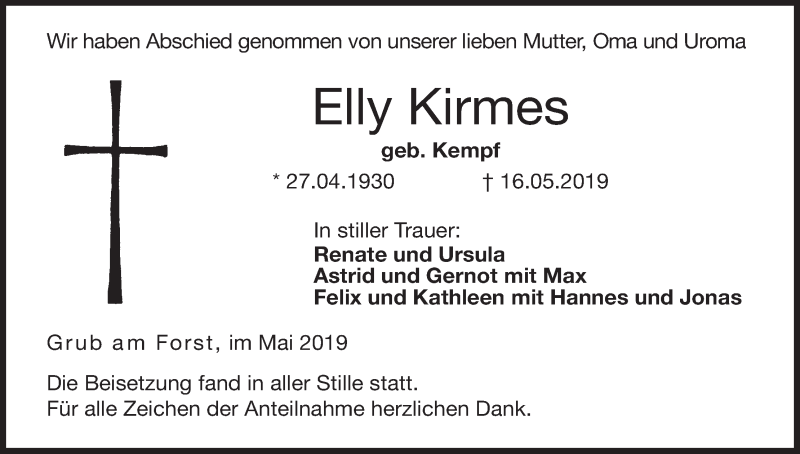  Traueranzeige für Elly Kirmes vom 25.05.2019 aus MGO