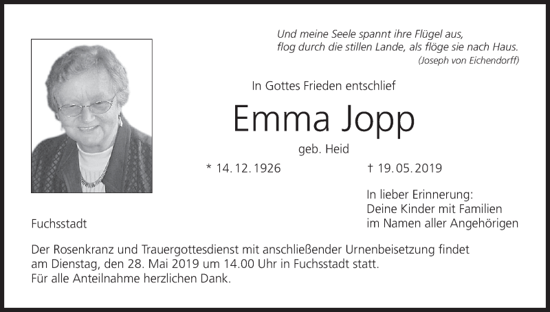  Traueranzeige für Emma Jopp vom 23.05.2019 aus MGO
