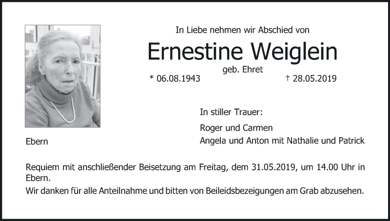  Traueranzeige für Ernestine Weiglein vom 30.05.2019 aus MGO
