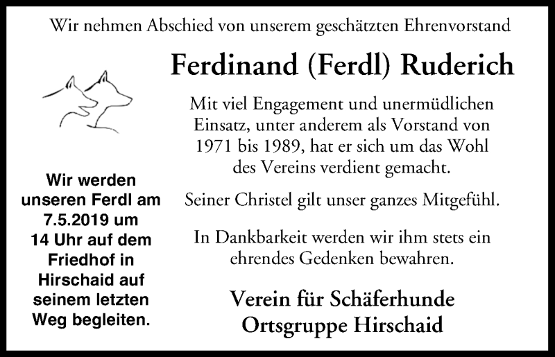  Traueranzeige für Ferdinand Ruderich vom 04.05.2019 aus MGO