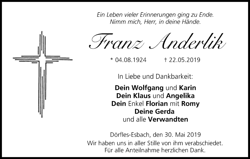  Traueranzeige für Franz Anderlik vom 30.05.2019 aus MGO