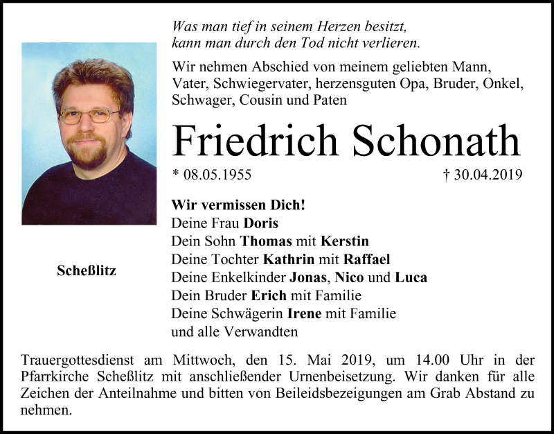  Traueranzeige für Friedrich Schonath vom 11.05.2019 aus MGO