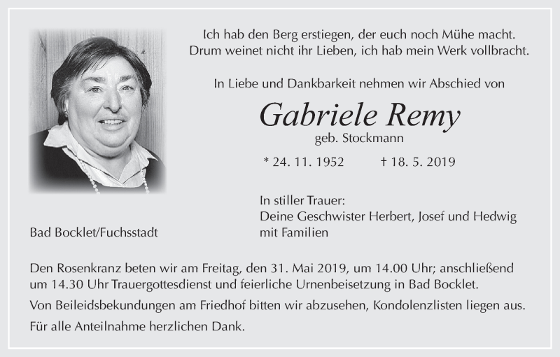  Traueranzeige für Gabriele Remy vom 25.05.2019 aus MGO