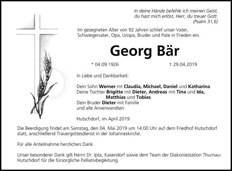  Traueranzeige für Georg Bär vom 01.05.2019 aus MGO