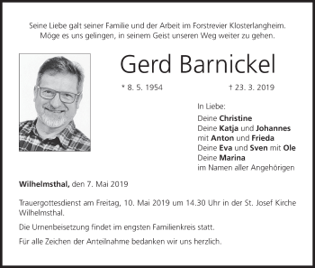 Anzeige von Gerd Barnickel von MGO