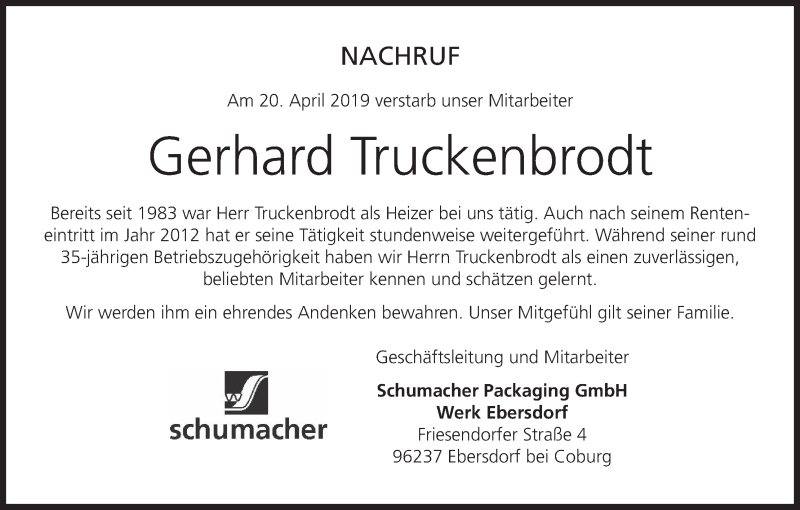  Traueranzeige für Gerhard Truckenbrodt vom 01.05.2019 aus MGO