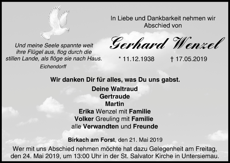  Traueranzeige für Gerhard Wenzel vom 21.05.2019 aus MGO