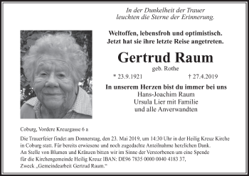 Anzeige von Gertrud Raum von MGO
