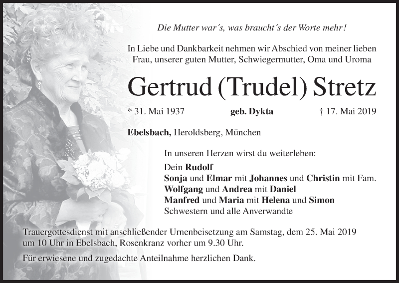 Traueranzeige für Gertrud Stretz vom 22.05.2019 aus MGO