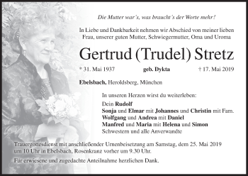 Anzeige von Gertrud Stretz von MGO