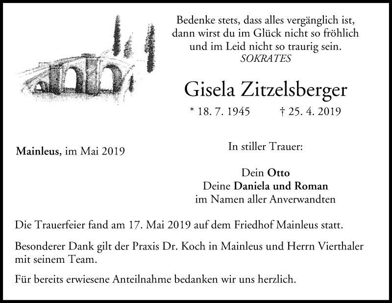  Traueranzeige für Gisela Zitzelsberger vom 20.05.2019 aus MGO
