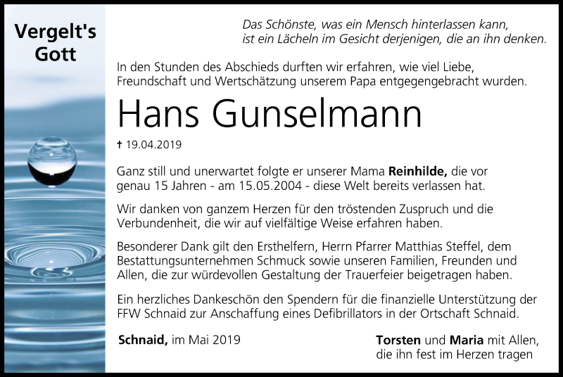  Traueranzeige für Hans Gunselmann vom 18.05.2019 aus MGO
