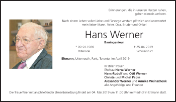Anzeige von Hans Werner von MGO