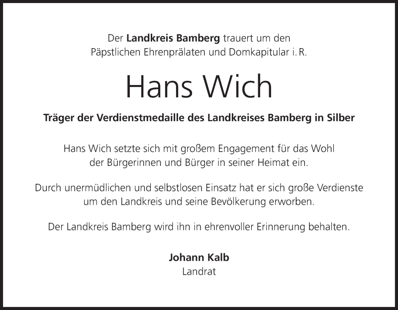  Traueranzeige für Hans Wich vom 15.05.2019 aus MGO